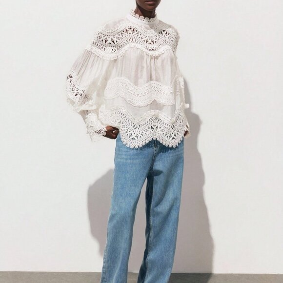 White Elegant Women's Patchwork Top - Picture 2 of 9